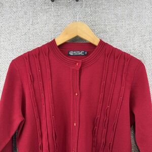 Castle Of Ireland Red 100% Wool Women's Med Cardigan Sweater Bead Pleated Detail